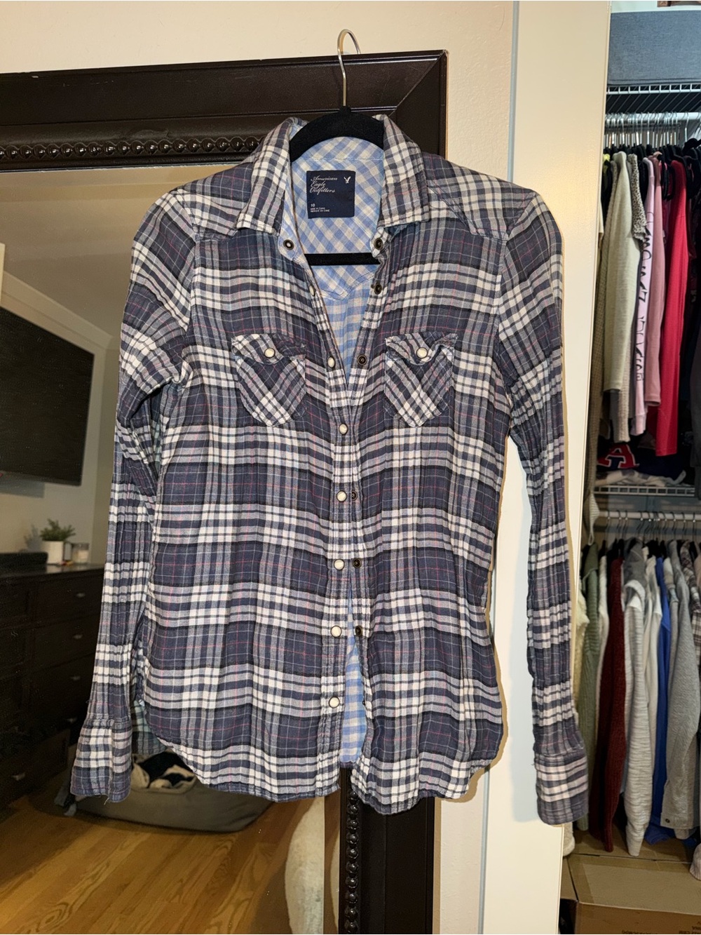 American Eagle Outfitters Light Blue and White Gingham Shirt